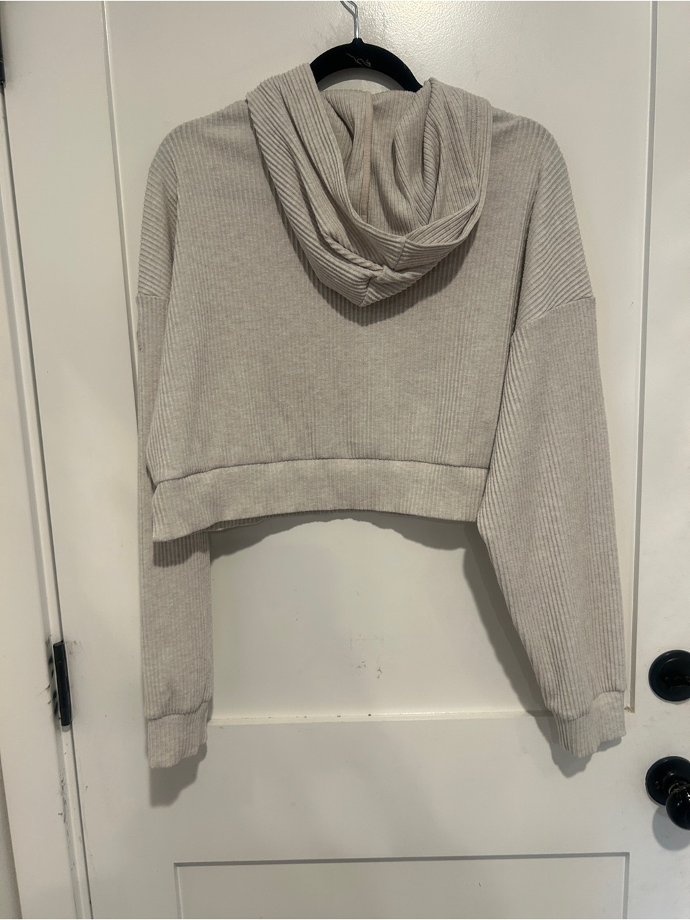 Alo Yoga Muse Hoodie Ribbed Cropped Sweatshirt Oatmeal Beige Size Medium - Picture 2 of 6